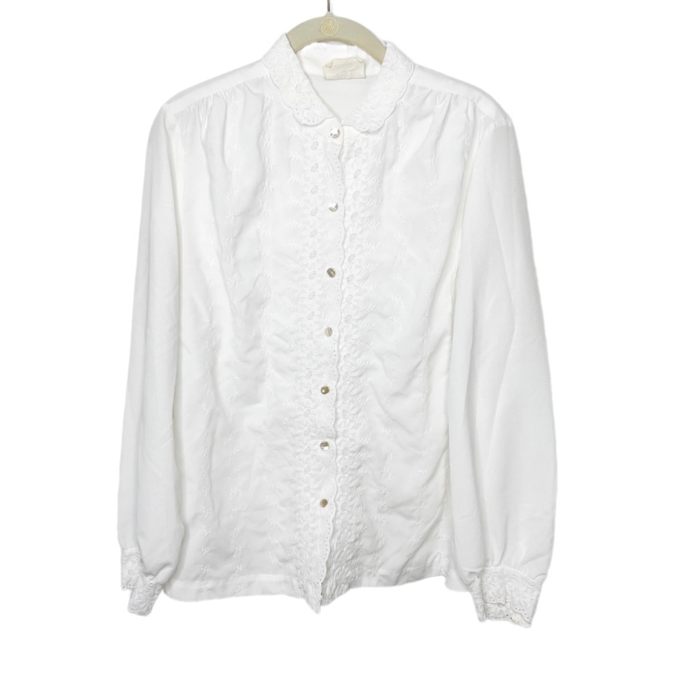 Vintage Lee Mar Pageant White Button Down Dress Shirt Embroidred Detail